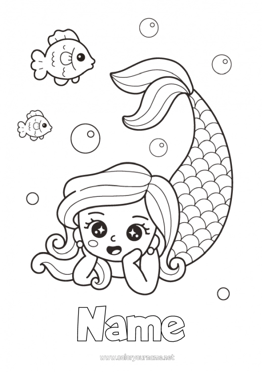 Coloring page to print Cute Kawaii Sea Mermaid