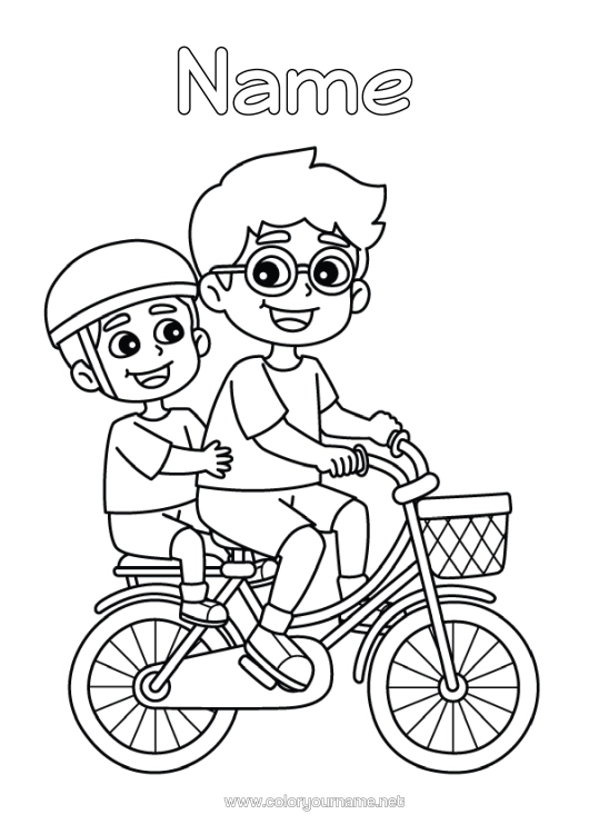 Colouring page to print Dad Grandad Boy Vehicles Child Bicycle Adult Family Two-Wheeled Vehicles