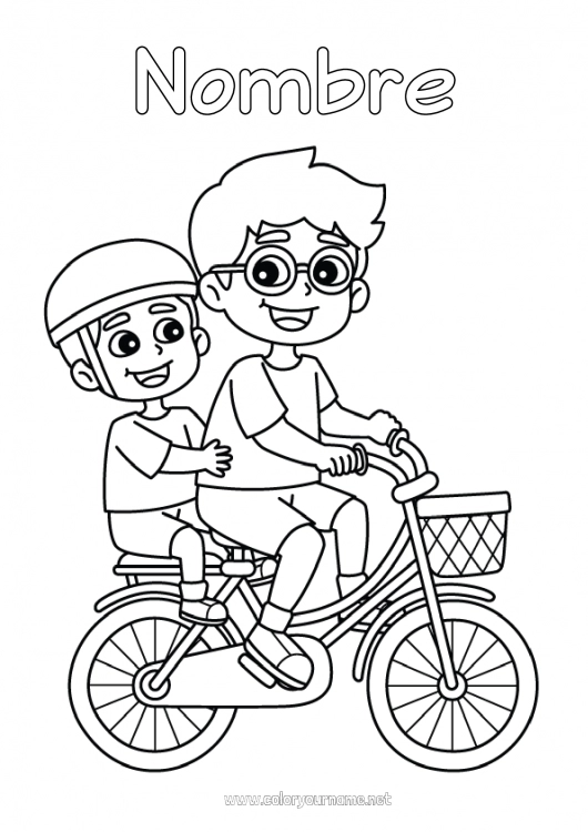 Dibujo para colorear para imprimir Papá Abuelo Chico Niño Bicicleta Adulto Familia Vehículos de dos ruedas