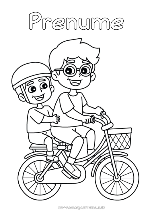 Pagină de colorat de imprimat Tată Bunicul Băiat Vehicule Copil Bicicletă Adult Familie Vehicule cu două roți