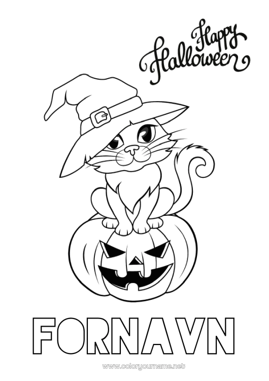 Fargeleggingssiden til utskrift Gresskar Heks Svart katt Halloween Jack O'Lantern Hunder og katter Påmelding 