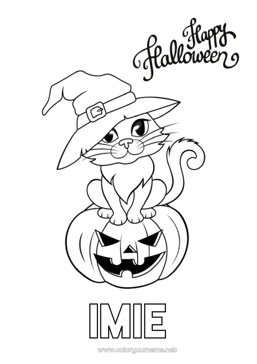 Kolorowanka do wydruku Dynia Czarownica Czarny kot Halloween Jack O'Lantern Psy i koty Napis 'halloween'