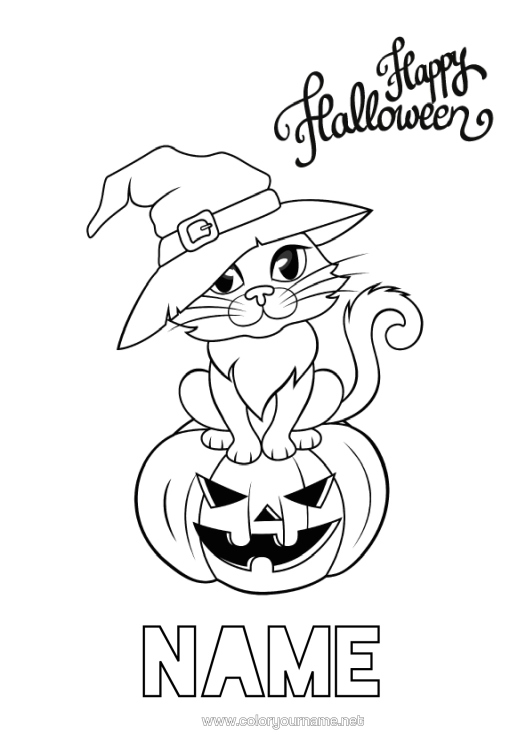 Colouring page to print Pumpkin Witch Black Cat Halloween Jack O'lantern Dogs And Cats Halloween Sign-Up