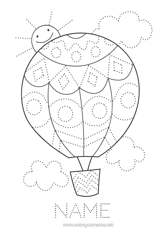 Colouring page to print Vehicles Children's Activities Hot Air Balloon Easy Colouring Pages Trace And Colour. Aerial Vehicles