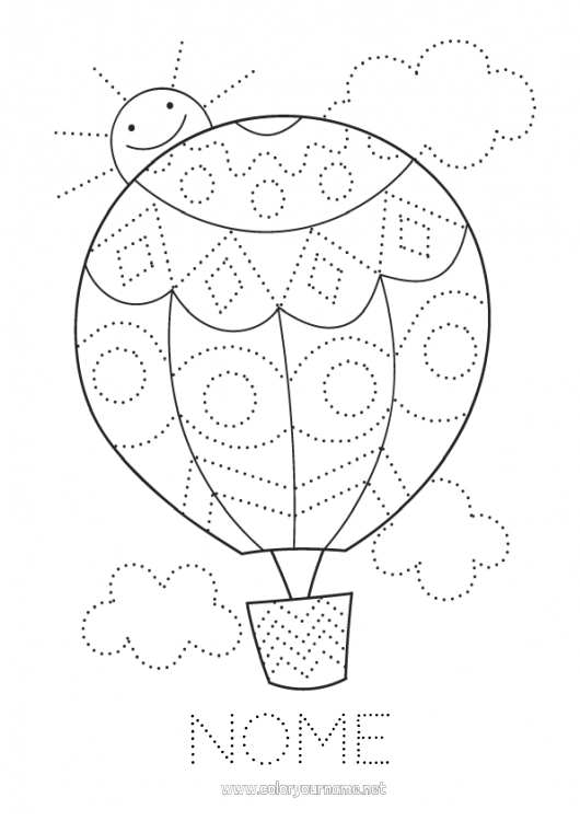 Página de desenho para imprimir Atividades para Crianças Balão de Ar Quente Desenhos para colorir fáceis Rastreie e Pinte Veículos aéreos