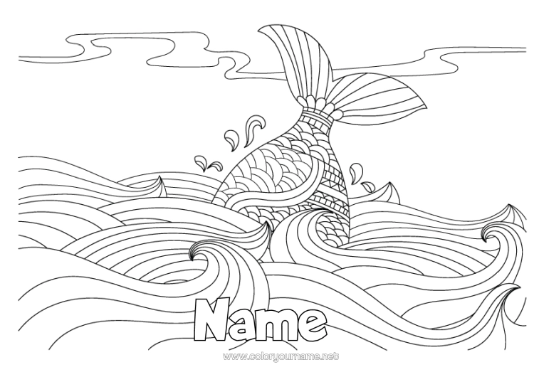 Colouring page to print Mandala Whale Sea Fish Complex Colouring Pages Marine Or Aquatic Animals Natural Landscape Waves