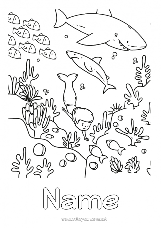 Coloring page to print Boy Sea Fish Mermaid Shark Marine or aquatic animals