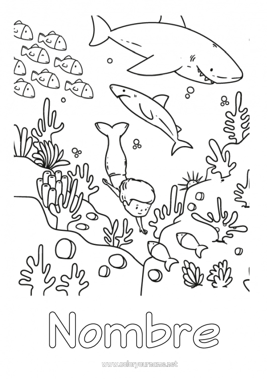 Dibujo para colorear para imprimir Chico Mar Pescado Sirena Tiburón Animales marinos o acuáticos