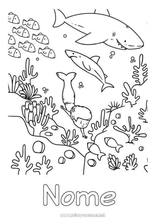 Página de desenho para imprimir Menino Mar Peixe Sereia Tubarão Animais marinhos ou aquáticos