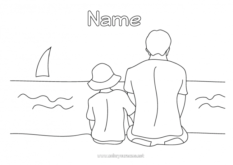 Coloring page to print Dad Beach Sea Child