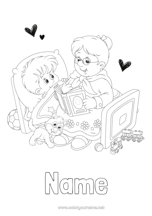 Colouring page to print Grandma Happy Birthday Boy I Love You. Book Reading
