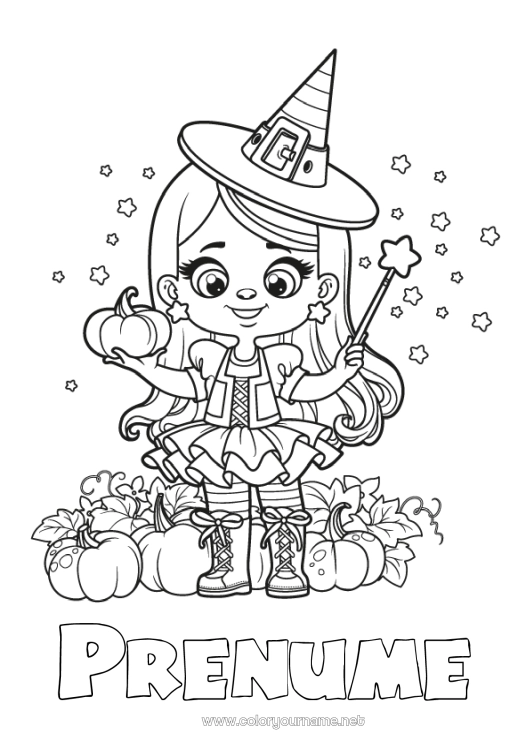 Pagină de colorat de imprimat Dovleac Vrăjitoare Halloween Fată