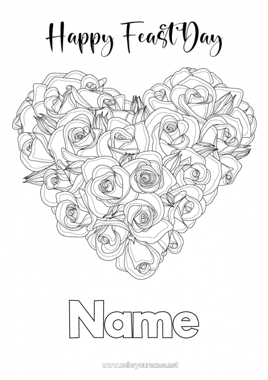 Coloring page to print Flowers Heart Happy feast day ! Big heart Rose