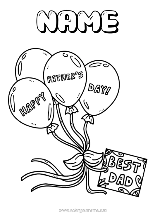 Colouring page to print Dad Happy Birthday Balloons Best