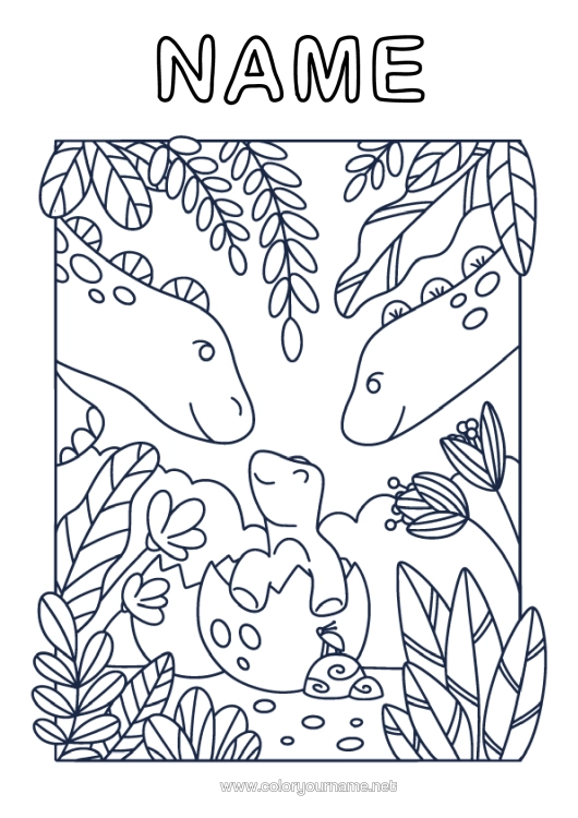Colouring page to print Cute Dad Mum Happy Birthday Dinosaurs I Love You. Animal Baby Family