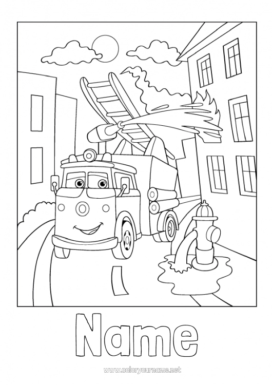 Coloring page to print Fireman firefighter Intermediate coloring pages Fire truck City ??landscape Rescue and Emergency Vehicles Security Professions Cartoon Character vehicles