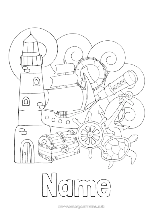 Colouring page to print Sea Boat Marine Anchor Buoy Lighthouse Treasure Marine Vehicles Boat Bar