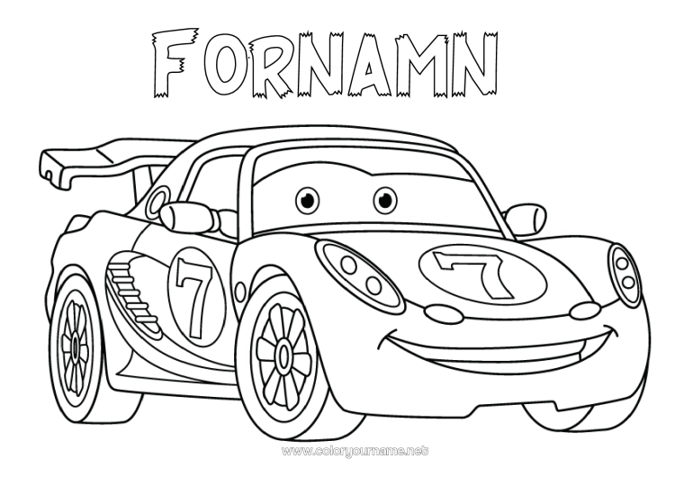 Färgläggningssida att skriva ut Fordon Bil Kurs Racerbils Bilar, skåpbilar och husbilar Racingfordon och banor Tecknad film Tecknad serie Fordon karaktärer