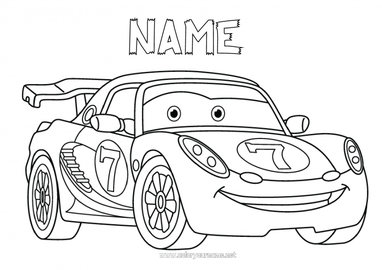 Coloring page to print Car Race Racing car Cars, vans, and motorhomes Racing vehicles and tracks Animated cartoon Cartoon Character vehicles