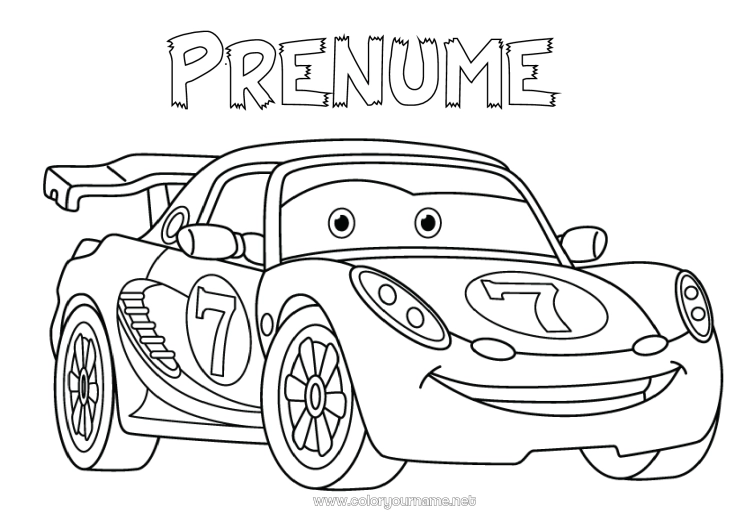 Pagină de colorat de imprimat Vehicule Mașină Cursă Mașină de curse Mașini, furgonete și autorulote Vehicule de curse și circuite Desen animat Desen animat Vehicule personaje