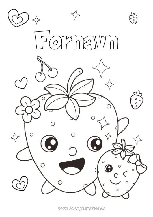 Farvelægningssiden til udskrivning Sød Kawaii Frugter Jordbær Familie