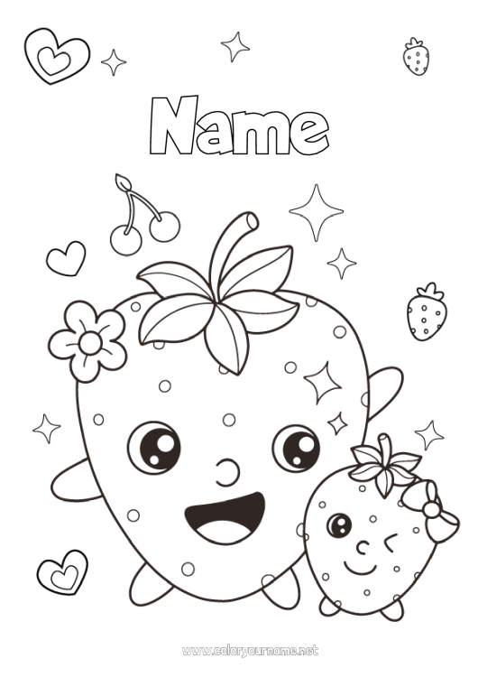 Coloring page to print Cute Kawaii Fruits Strawberry Family