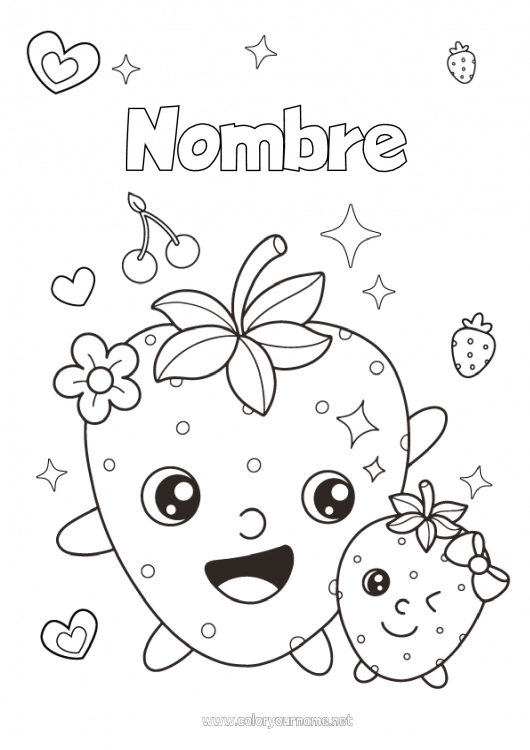 Dibujo para colorear para imprimir Lindo Kawaii Frutas Fresa Familia