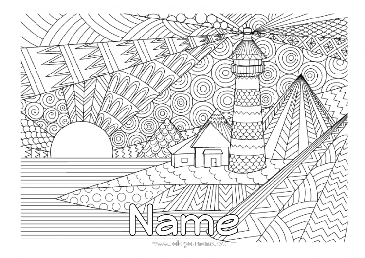 Coloring page to print Mandala Sun Sea Complex coloring pages Zentangle Lighthouse Natural landscape