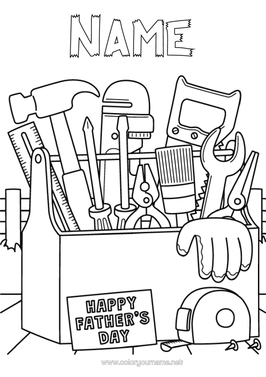 Colouring page to print Dad Happy Birthday Tools