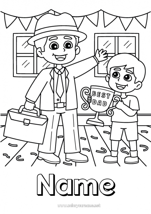 Coloring page to print Dad Happy feast day ! Boy Cup, trophy, medal Best Competitions and Rewards