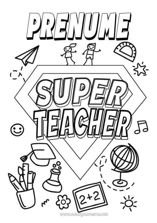 Pagină de colorat de imprimat Erou Învățătoare/Învățător Insignă super Glob pământesc Meserii în educație