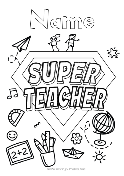 Coloring page to print Hero Teacher Super badge World globe Education Professions