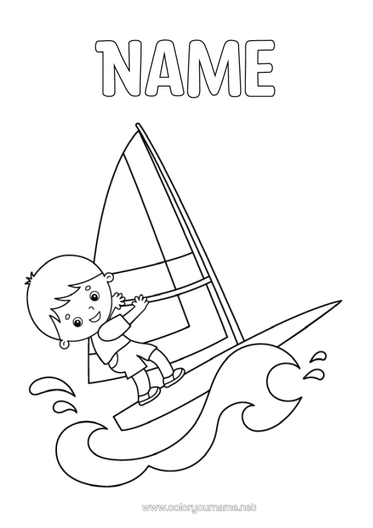 Colouring page to print Sport Boy Summer Windsurfing Water Sports Waves