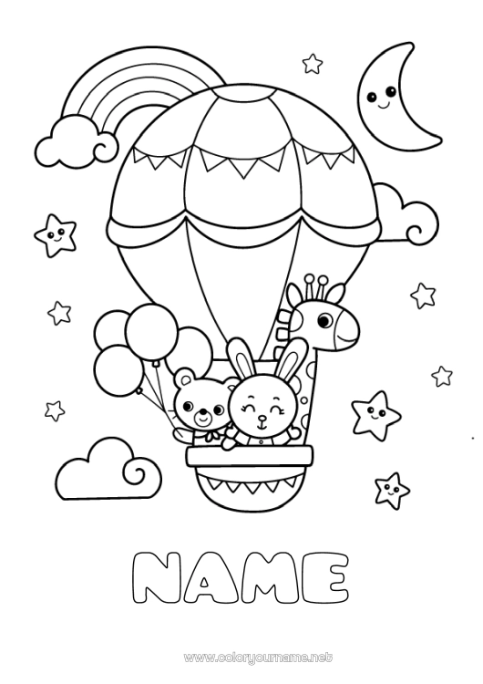 Coloring page to print Bear Cute Kawaii Giraffe Bunny Vehicles Animal Teddy Bear Rainbow Hot air balloon Moon Wild animals of Africa Forest animals Aerial vehicles