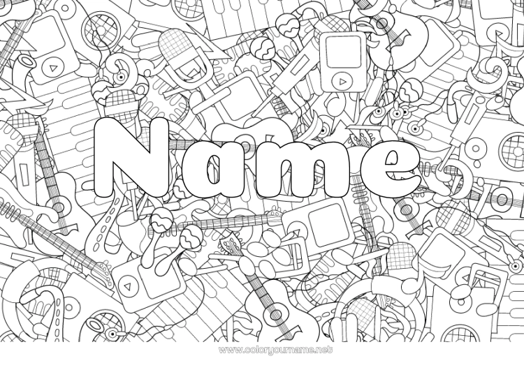 Coloring page to print Decorated name Music Complex coloring pages World Music Day Guitar Piano Musical instruments