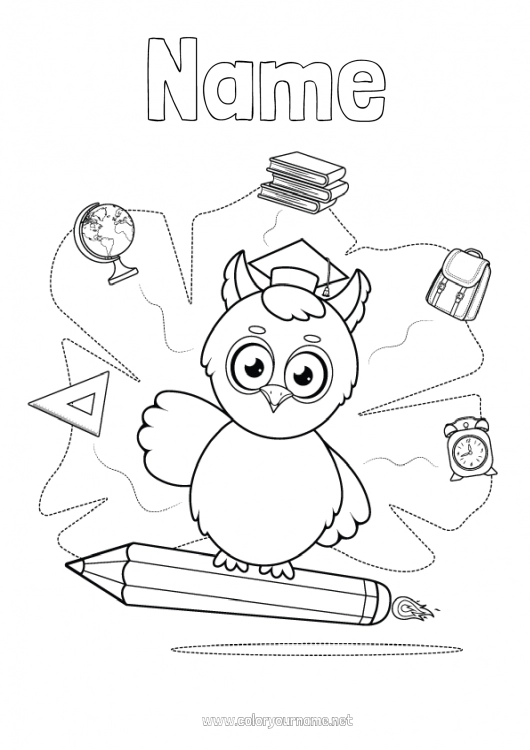 Coloring page to print Owl Teacher School Flying birds and mammals Pencil Schoolbag World globe Education Professions Student cap School supplies Alarm clock Square