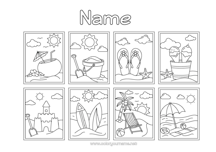 Colouring page to print Holidays Summer Children's Activities Treats, Sweets Ice Cream Symbols Tongue Easy Colouring Pages Surfing Hammock Sandcastle Parasol Cocktail Deck Chair Beach Bucket Games And Toys Water Sports