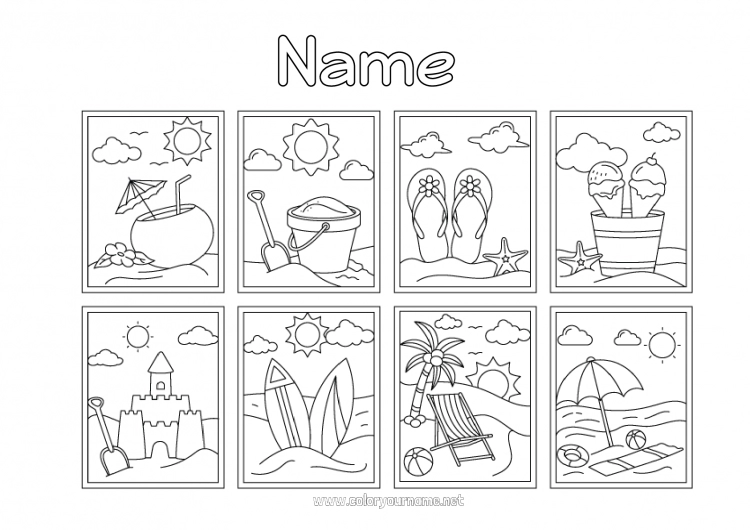 Coloring page to print Holidays Summer Children's activities Treats Ice cream Symbols Flip flops Easy coloring pages Surf Hammock Sandcastle Parasol, Beach umbrella Cocktail Deckchair Beach bucket Games and toys Nautical sports