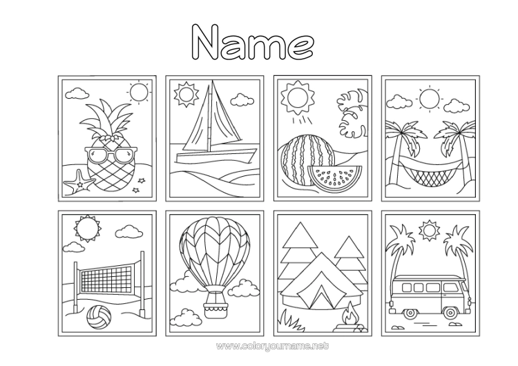 Colouring page to print Holidays Summer Beach Boat Hot Air Balloon Pineapple Fruit Symbols Hammock Van Camping Watermelon Volleyball Aerial Vehicles Marine Vehicles Cars, Vans And Motorhomes Team Sports