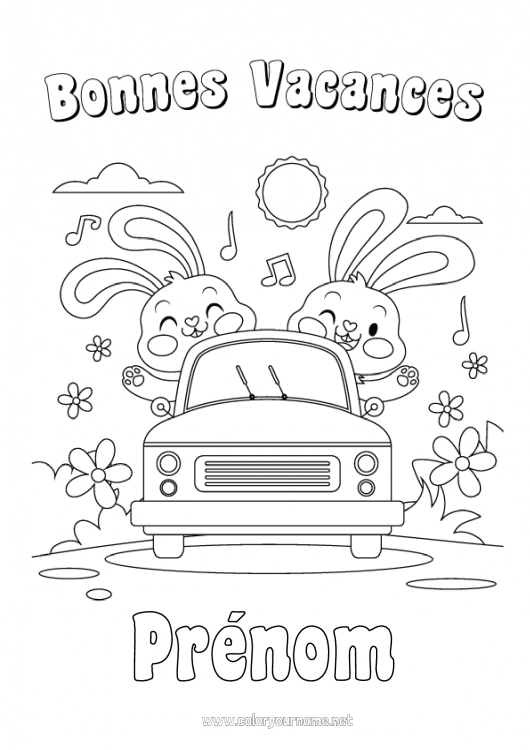 Coloriage à imprimer Vacances Lapin Véhicules Voiture Animaux de la forêt Voitures, vans et camping-cars