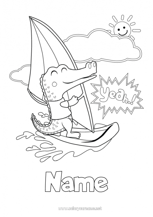 Coloring page to print Crocodile Sea Animal Reptiles Sailboard, windsurf Nautical sports