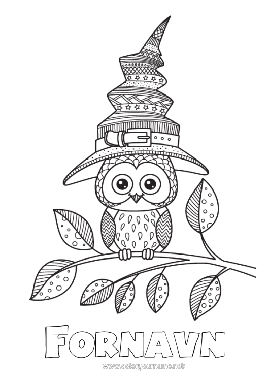 Farvelægningssiden til udskrivning Heks Halloween Mandala Ugle, Hornugle Hat Fugle og flyvende pattedyr