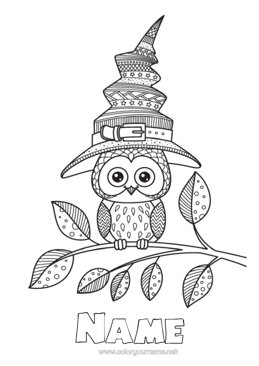 Colouring page to print Witch Halloween Mandala Owl, Tawny Owl Hat Birds And Flying Mammals