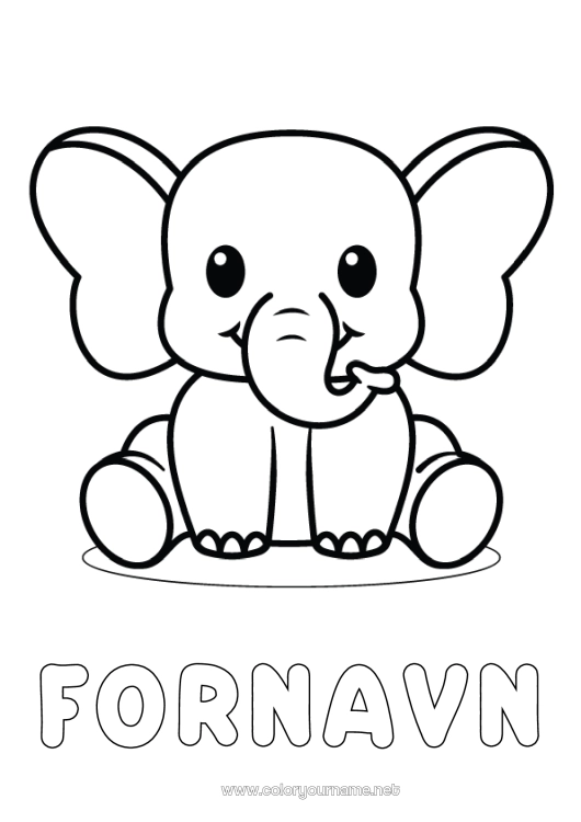 Farvelægningssiden til udskrivning Kawaii Elefant Dyr Nem farvelægning Afrikanske vilde dyr