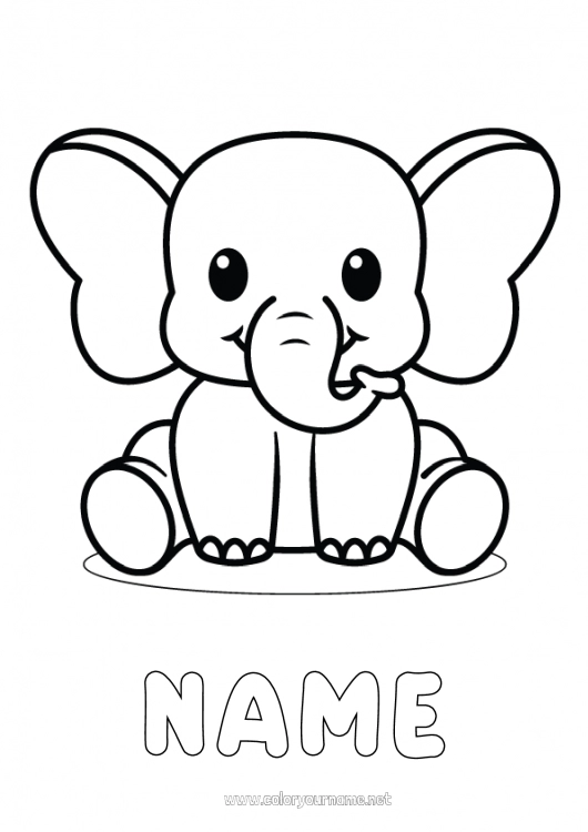 Coloring page to print Kawaii Elephant Animal Easy coloring pages Wild animals of Africa