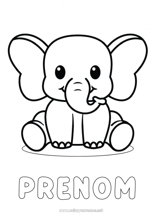 Coloriage à imprimer Kawaii élephant Animal Coloriages faciles Animaux sauvages d'Afrique