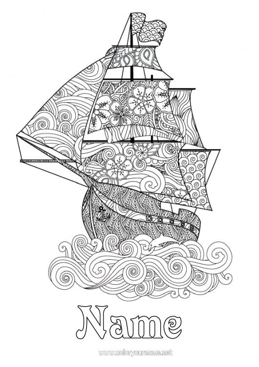 Coloring page to print Mandala Sea Boat Sailing boat Complex coloring pages Maritime vehicles