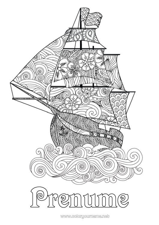 Pagină de colorat de imprimat Mandala Mare Vehicule Barcă Vapor cu pânze Desene de colorat complexe Vehicule maritime