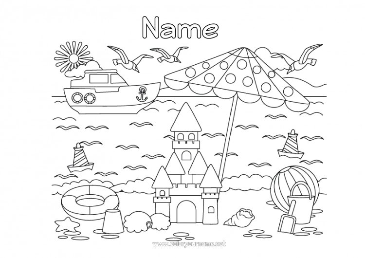 Coloring page to print Summer Sea Boat Symbols Sandcastle Parasol, Beach umbrella Buoy Beach ball Beach bucket Games and toys Maritime vehicles