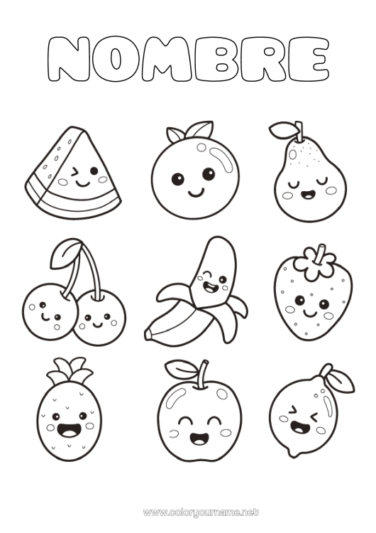 Dibujo para colorear para imprimir Kawaii Cereza Piña Frutas Dibujos fáciles para colorear Fresa Sandía Plátano Pera Limón Manzana